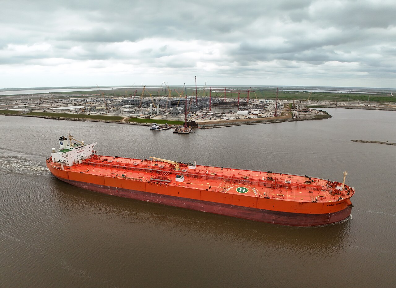 Actual crude oil tanker on an industrial waterway